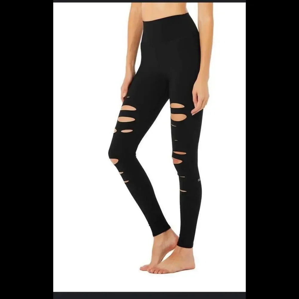 Alo High Waisted Ripped Warrior Black Legging